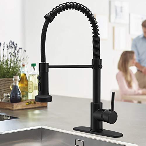BESy Commercial Kitchen Faucet With Pull Down Sprayer, High-Arc Single Handle Single Lever Spring Rv Kitchen Sink Faucet With Pull Out Sprayer, 3 Function Laundry Faucet, Matte Black