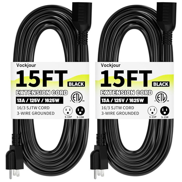 15 Ft 2Pack 13A 1625W 16AWG Black Indoor Outdoor Extension Cord Waterproof, Extension Cord with 3 Prong Grounded Plug, Flexible Weatherproof Power Cable, SJTW