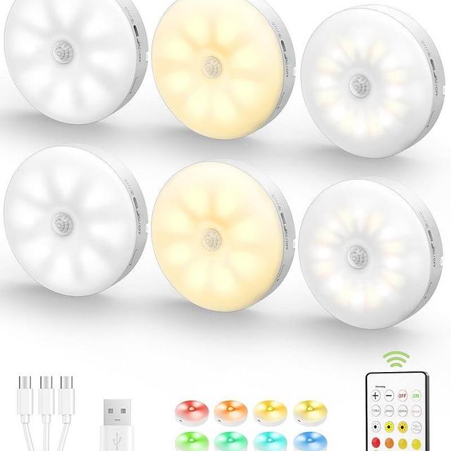 EZVALO Under Cabinet Lighting,1000mAh Rechargeable Puck Lights with Remote,3 Color Temps & 12 RGB Motion Sensor Closet Lights Indoor,Dimmable Under Cabinet Lights for Kitchen,Cabinets,Closet (6 Packs)