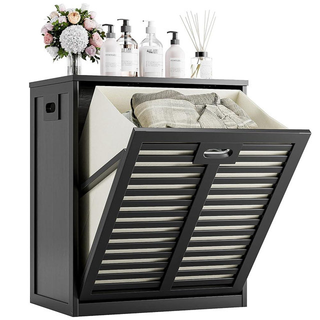 HITNET Tilt Out Laundry Hamper, Bamboo Laundry Cabinet with Pull Out Removable Bag, 16 Gallon Clothes Basket with Metal Handle for Bathroom Kitchen, Black