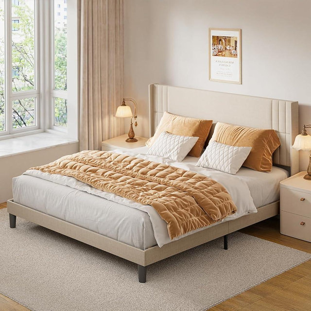 Gizoon King Bed Frame with Wingback Headboard, Upholstered Platform Bed with Modern Geometric Headboard, Wooden Slats, Noise-Free, No Box Spring Needed
