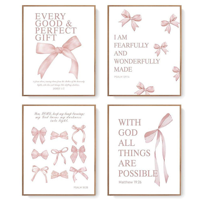 LARTSFRO Coquette Pink Bow Wall Art Decor Posters, Blush Pink Bow Room Bedroom Bathroom Dorm Wall Art Decor Aesthetic for College Teen Girls Gifts, Inspirational Bible Verses Bow Wall Decor, 10x8 Inch Set of 4 Pcs Bow Pictures (UNFRAMED)