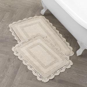 Laura Ashley Absorbent Bath Mat Reversible Crochet Soft and Plush Bathroom Mat 100% Cotton 2-Piece Bath Rug Set, Linen