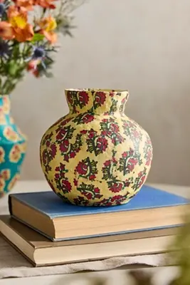 Patterned Papier Mache Bud Vase, Reds, Blues + Neutrals