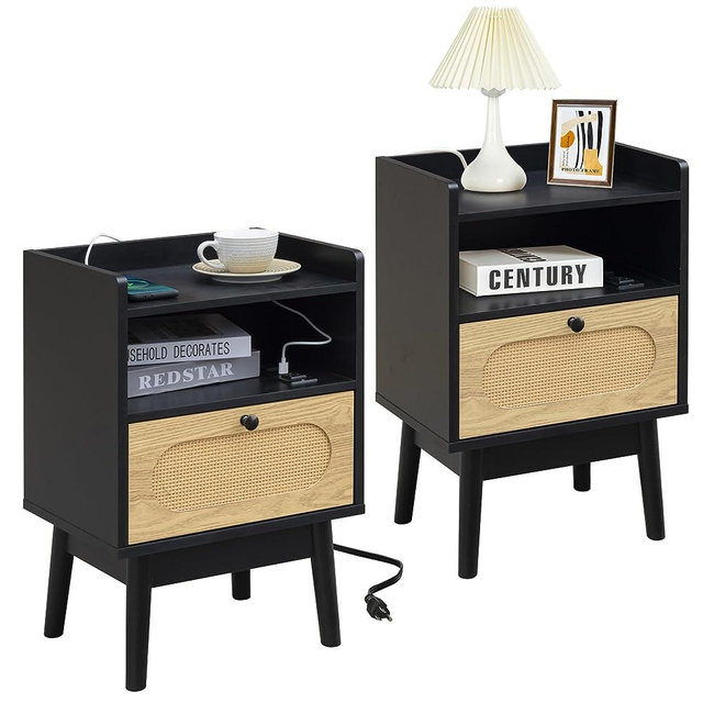 Lomojo Rattan Nightstand Set of 2, Bedside Table with Charging Station, Modern Night Stand,Wood Boho Side Table,Mid Century Small End Table with Drawer for Bedroom, Living Room (black2)