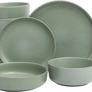 Gibson Elite Pasco 16 Piece (Service for 4) Plates and Bowls Double Bowl Reactive Glaze Dishes Stoneware Ceramic Dinnerware Set - Green