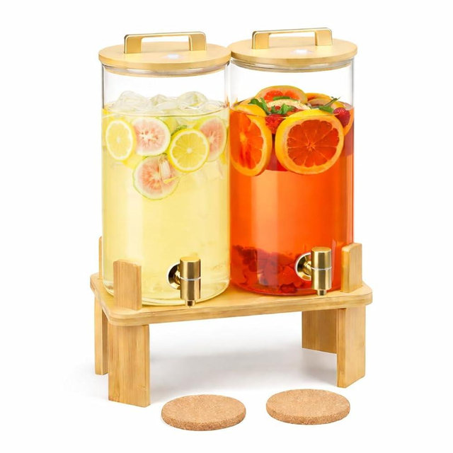 1.5 Gallon 2PCS Glass Drink Dispenser for Parties,Beverage Dispenser with Wooden Stand, Lemonade Dispenser,Juice Containers & Water Pitcher with Lid for Lemonade, Iced Tea and Party Drinks