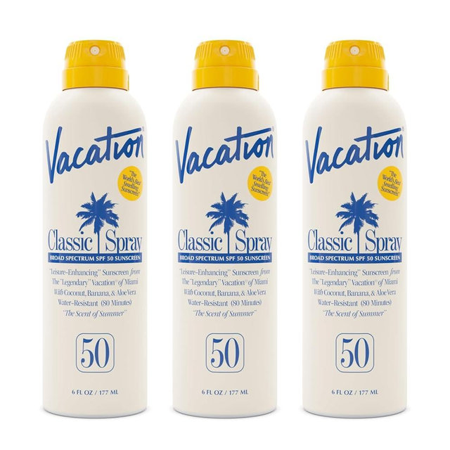 Vacation Classic Sunscreen Spray SPF 50, Water-Resistant, Lightweight, Transparent on All Skin Tones, Dermatologist-Tested, Vegan, 6 Fl. Oz. (Value Pack of 3)