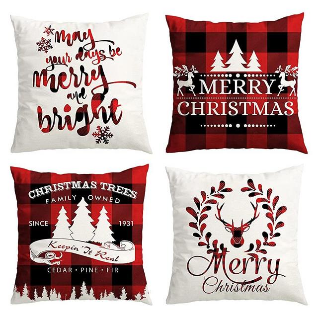 Christmas Decorations Pillow Covers 18x18 Inch Set of 4 for Christmas Decor Indoor Outdoor, Party Supplies Farmhouse Home Decor Throw Pillow Covers Buffalo Plaid Christmas Xmas Decorative Cushion Case