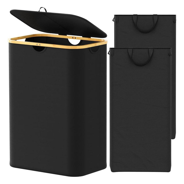 Laundry Hamper 2-compartment with 2 Removable Bags, 160L Collapsible Basket with Lid and Bamboo Handles – SpaceAid