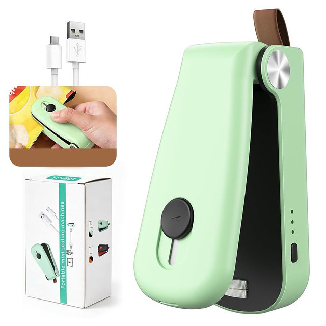 NEATEST Mini Bag Sealer, 2026 Upgraded USB Rechargeable 3 Heat Levels Chip Bag Sealer with Cutter Magnet, 2 in 1 Portable Heat Seal Resealer for Plastic Bags, Snacks & Food Storage (Green)