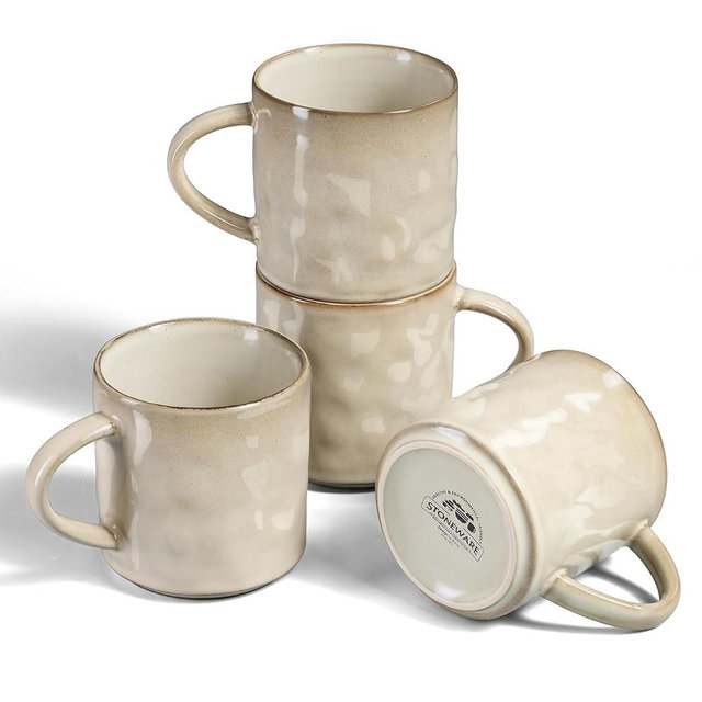 HaWare 14OZ Coffee Mugs Set of 4, Stoneware Coffee Cups with Handle, Latte Mug for Man, Woman, Dad, Mom, Modern Tea Mugs for Latte/Cappuccino/Cocoa/Milk, Dishwasher& Microwave Safe, Saturn Khaki
