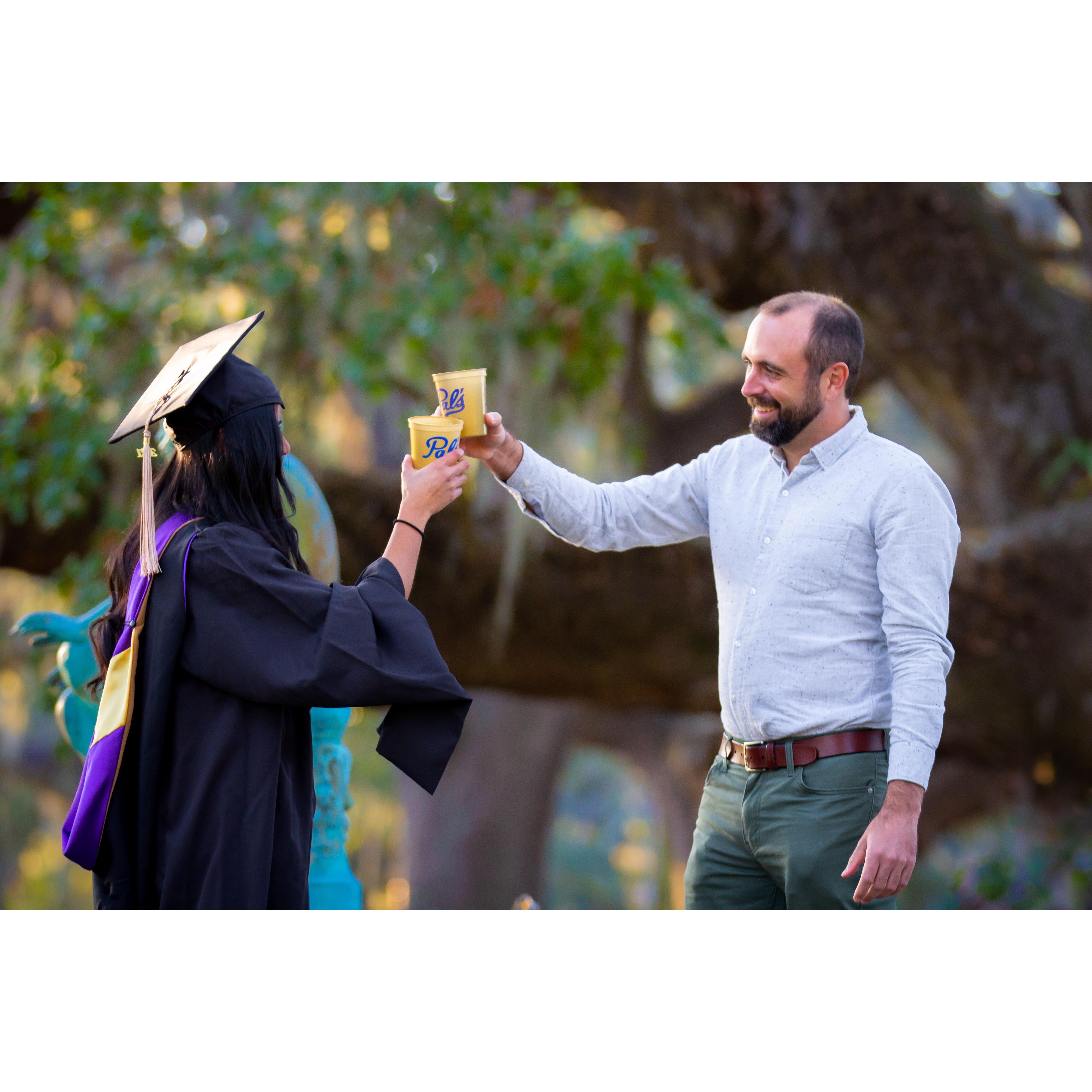 Celebrating Mia's MBA in 2021.