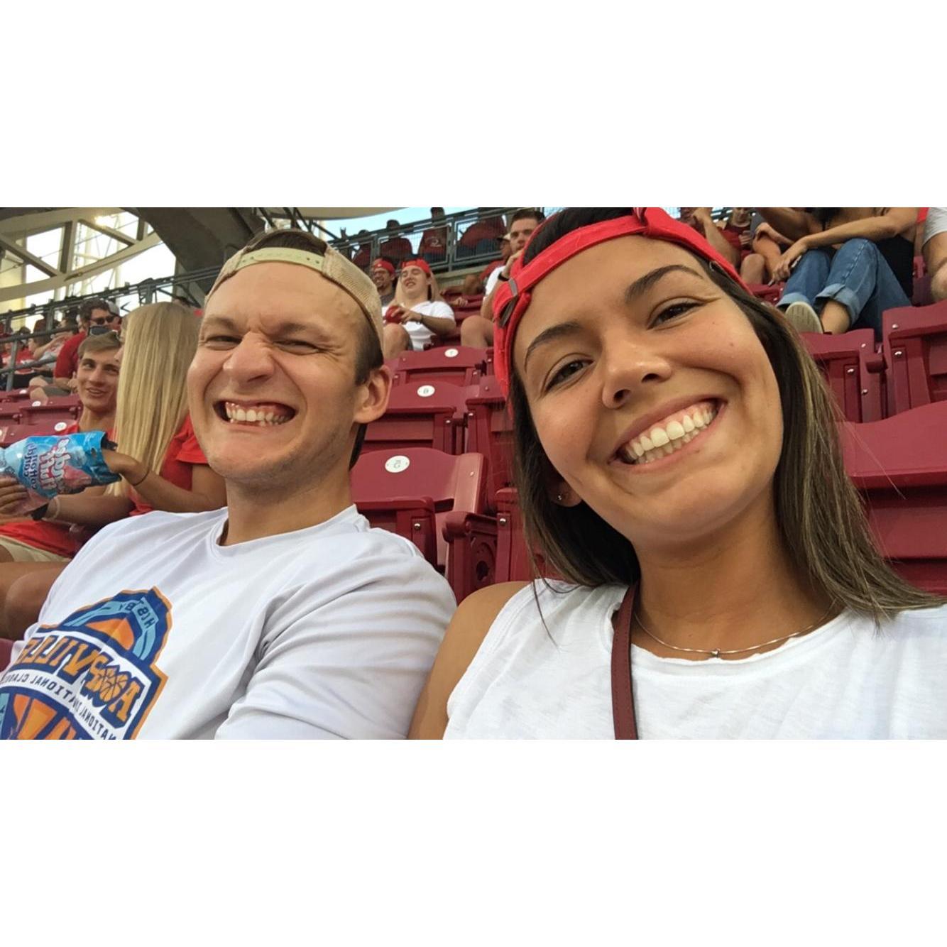 Cheesin' at a Red's game