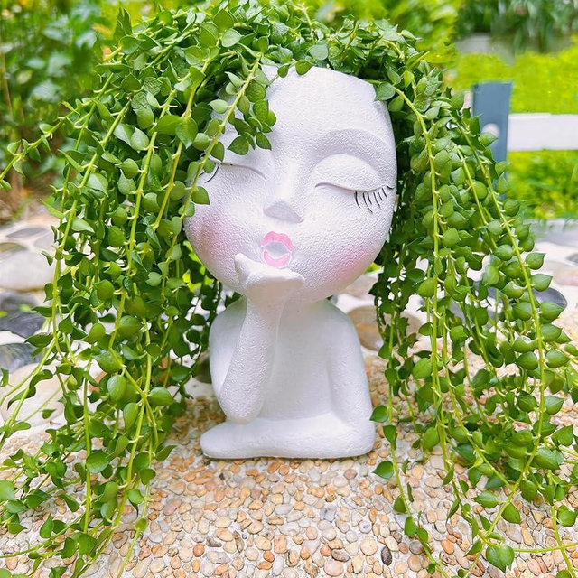 EylbKey Handmade Face Flower Pots Standing Air Kiss Head Planter Pot for Trailing Plants Cute Succulent Planter Resin Planters Funny Face Planters with Anti-Friction Pads White 1Pack