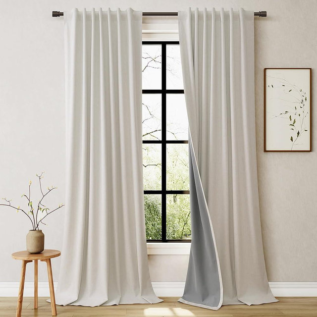 100% Blackout Linen Curtains 84 inch Length 2 Panels Set Natural Cream Room Darkening Beige Boho Curtains for Bedroom Thermal Living Room Insulated Neutral Drapes Black Out Back Tab with Hooks 52x84