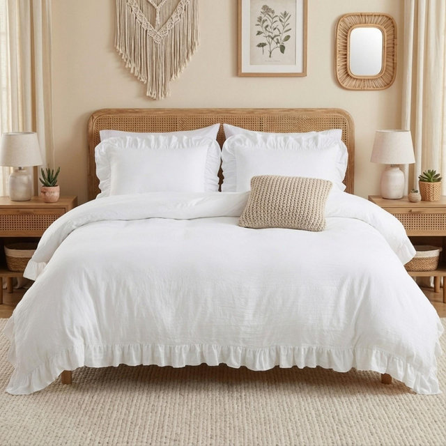 Ruffle Duvet Cover Set, Soft Washed Microfiber Vintage French Country Duvet Cover Set with Button Closure