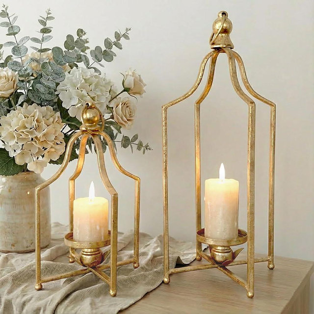 12.5" & 16.5" Timeless Cozy Decorative Lanterns Set of 2, Handcrafted Metal Iron Candle Holders, Farmhouse Elegance Fireplace Mantel Table Festive Gatherings Decor (Antique Gold)