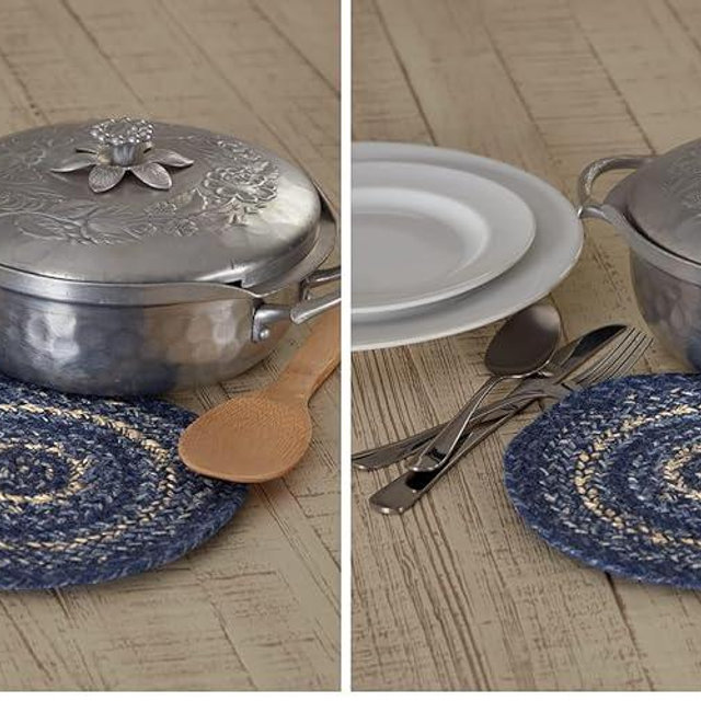 VHC Brands Great Falls Blue Trivet Hot Pad for Pots Pans, Blue White, Jute Blend, Round Circle, 8 Inches (Pack of 2)
