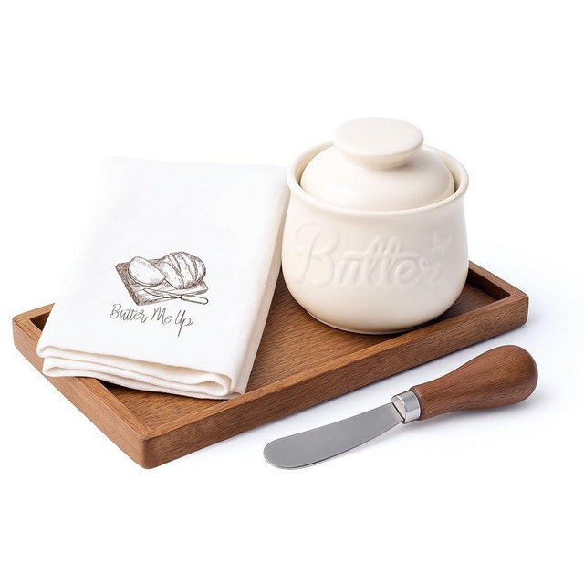 French Butter Crock For Counter With Water Set Includes Cotton Tea Towel, Sourdough Bread Serving Tray & Spreader Knife With Wood Handle – Butter Keeper Dish For Soft & Spreadable Butters