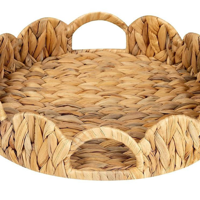 StorageWorks Scalloped Tray, Round Basket Tray Wicker Rattan Serving Tray with Handles, Scallop Basket Table Décor Trays, Water Hyacinth Round Rattan Tray for Ottoman Decorative and Organizer Trays