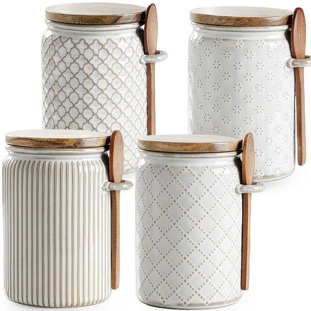 getstar Canisters Sets for the Kitchen, 20 oz Flour Sugar Storage Containers, Ceramic Kitchen Canisters for Countertop Set of 4 with Airtight Lids and Teaspoons
