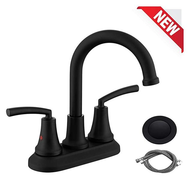 RKF Swivel Spout Two-handle Centerset bathroom faucet Lavatory faucet with pop-up drain with overflow and CUPC water lines,Matte Black,BF023-MB