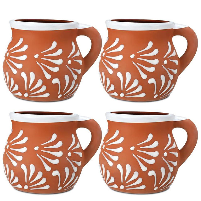 Baderke 4 Pack Mexican Pottery Mugs Mexican Coffee Mugs Clay Cups for Women Men Birthday Graduation Wedding Holiday Parties Gifts, White Terracotta Design, 12 oz
