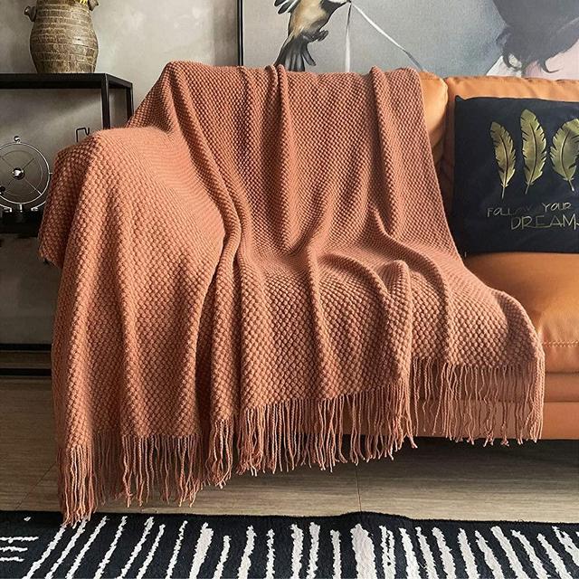 LOMAO Knitted Throw Blanket with Tassels Bubble Textured Lightweight Throws for Couch Cover Home Decor (Caramel, 60x80)