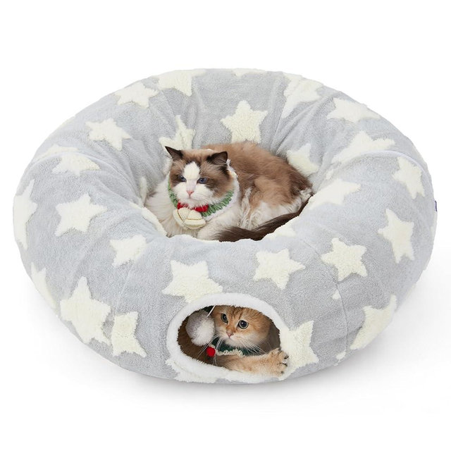 Lesure Cat Tunnel Bed for Indoor Cats - Cute Cat Donut Tunnel Toys with Washable Circle Cushion, Round Pet Peekaboo Cave Toy for Kitten/Puppy/Rabbit, Standard Grey