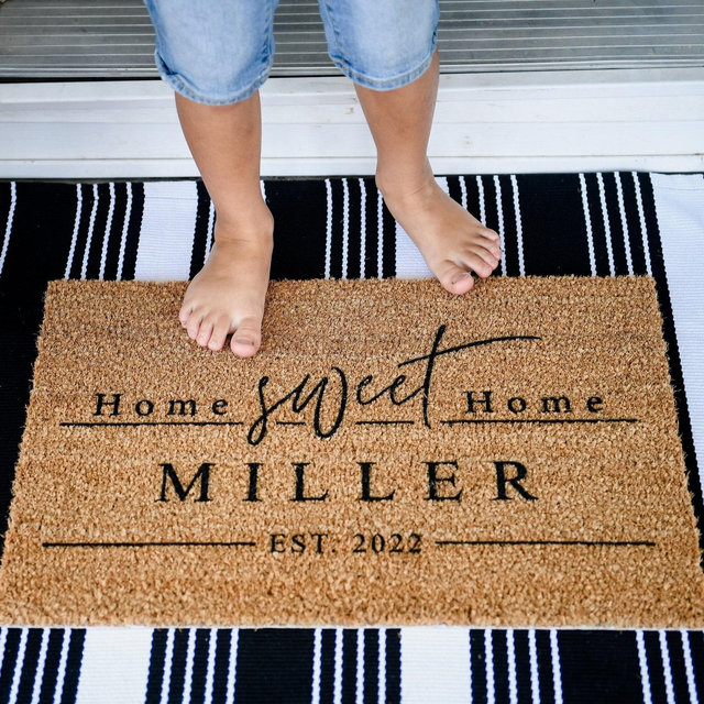 Home Sweet Home Last Name Door Mat | Personalized Housewarming Welcome Mat | Newlywed Wedding Anniversary Family Gift Custom Coir Doormat