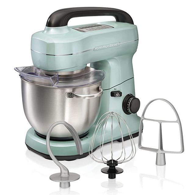 Hamilton Beach Electric Stand Mixer, 4 Quarts, Dough Hook, Flat Beater Attachments, Splash Guard, 7 Speeds with Whisk, Aqua