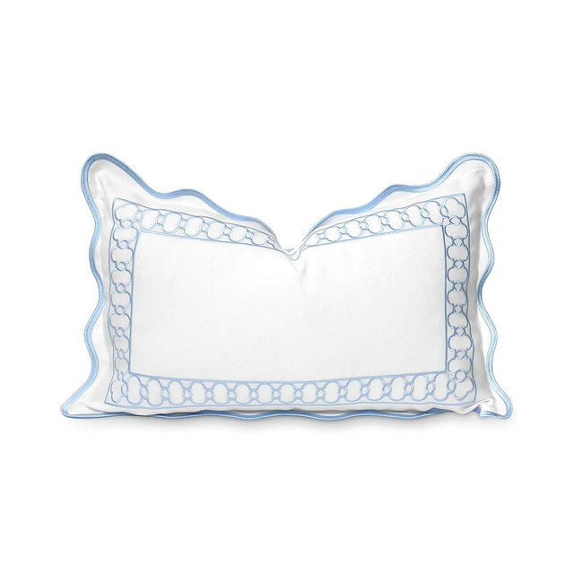 Hofdeco Premium Coastal Patio Indoor Outdoor Scalloped Lumbar Pillow Cover Only, 12"x20" Water Repellent for Backyard, Couch, Baby Blue Embroidered Begonia Pattern Chain Frame