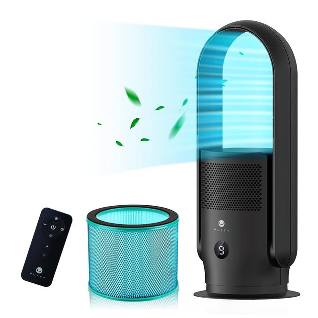 ULTTY Bladeless Tower Fan and Air Purifier, 90° Oscillating Tower Fan with HEPA Filter 99.97%, Remote, Touch, 8H Timer, 9 Speeds, Powerful Floor Fan for Bedroom Room Home Office, Black