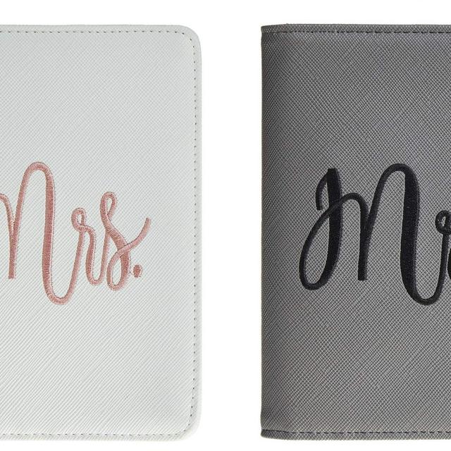 Bridal Shower Wedding Gift Honeymoon Passport Wallets Travel Holder Set Mr. Mrs. Slim Waterproof Passport Case Covers Grey and White(2 Covers)