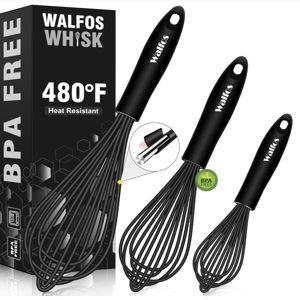 Walfos Silicone Whisk,Stainless Steel Wire Whisk Set of 3 -Heat Resistant 480°F Kitchen Whisks for Non-stick Cookware,Balloon Egg Beater Perfect for Blending,Whisking,Beating,Frothing & Stirring,Black