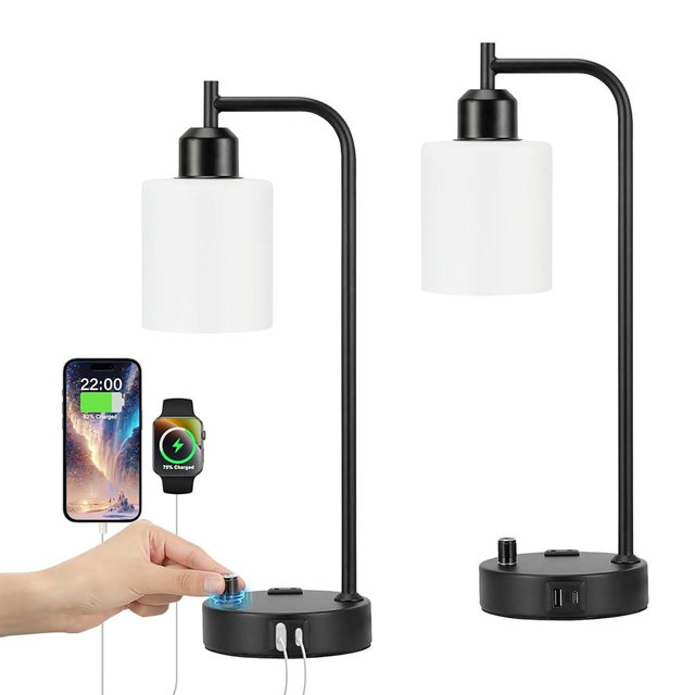 Industrial Bedroom Lamps for Nightstand Set of 2 - Fully Dimmable Bedside Lamps with USB A C Ports and Outlet, Black Table Lamps with Opal Glass Shade for Living Room, Desk Lamps for Office Reading
