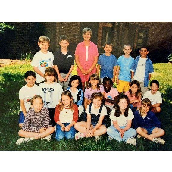 Ted and Morgan's second grade class picture at the Covenant School. Ted's standing right behind Morgan in his Veggie Tales T-Shirt