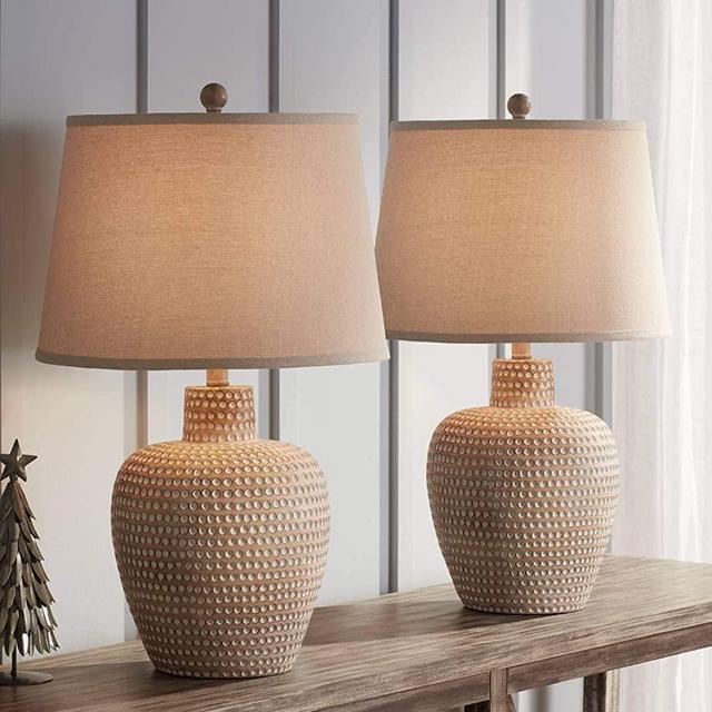 Glenn Rustic Southwestern Style Pot Table Lamps Set of 2 Dappled Sandy Beige Oatmeal Fabric Drum Shades for Living Room Bedroom House Bedside Nightstand Home Office Family - Regency Hill