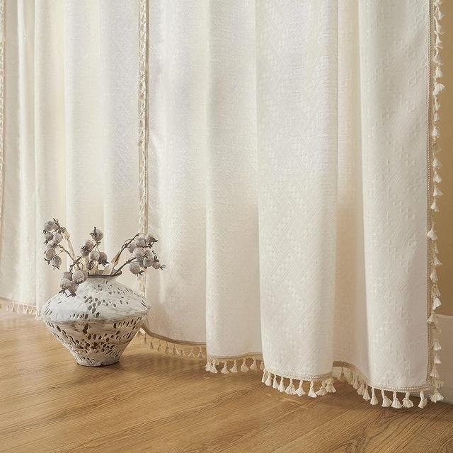 Joydeco Boho Curtains for Bedroom Living Room, Farmhouse Curtains 84 inch Long 2 Panels Living Room Curtains, Linen Tassels Curtains with Embroidery Window Curtain Panels Beige