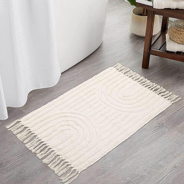 Boho Bathroom Rug 2x3 Lanffia Tufted Rainbow Rugs with Tassels Moroccan Small Throw Rugs Machine Washable Boho Aesthetic Rug Farmhouse Entryway Rug for Kitchen, Sink ,Hallway, Bedroom, Living Room