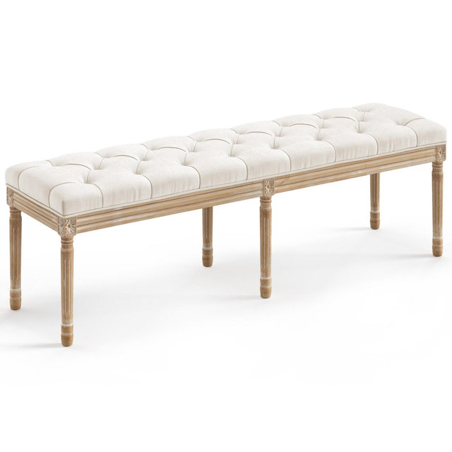 Arceso 60" Bedroom Bench, Vintage Tufted End of Bed Bench, Fabric Ottoman Bench with Wood Legs for Bedroom, Dining Bench Piano Stool, Beige