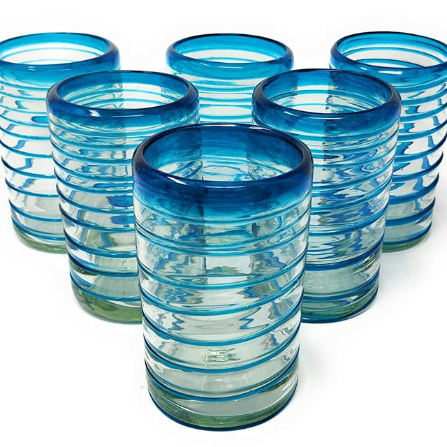Hand Blown Mexican Drinking Glasses – Set of 6 Glasses with an Aqua Spiral Design (14 oz each) …