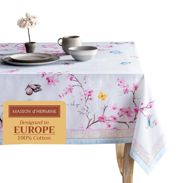 Maison d' Hermine Table Cloth Rectangle Table 100% Cotton 70 x 108 Inches Tablecloth Reusable Decorative for Dining Room, Farmhouse, Home, Party, Festive & Wedding Spring Summer - Blossoms in Spring