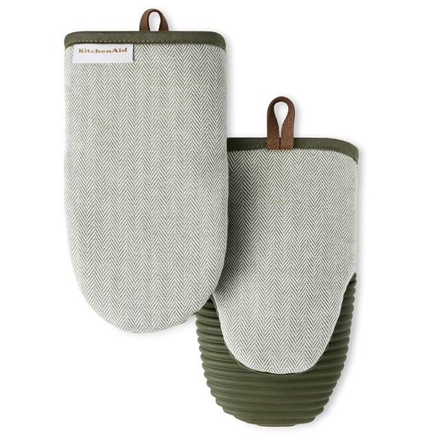 KITCHENAID® Evergreen Design Series Herringbone Ribbed Soft Silicone Mini Oven Mitts 2-Pack Set, Heat Resistant up to 500°F, Flexible & Waterproof, Deep Forest Green, 5.5"x9"