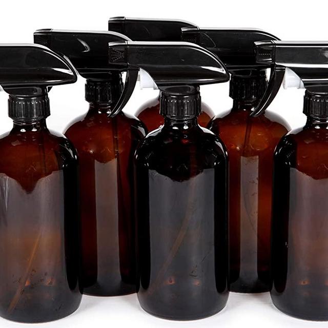 Vivaplex, 6, Large, 16 oz, Empty, Amber Glass Spray Bottles with Black Trigger Sprayers