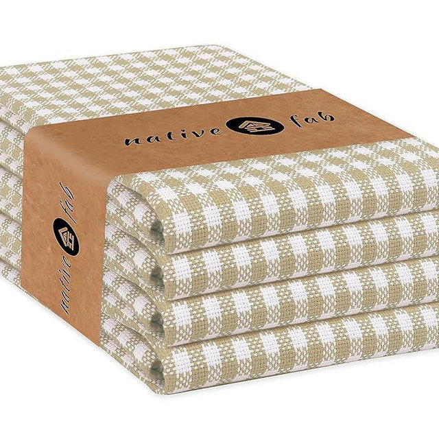 Native Fab Beige Gingham Kitchen Dish Towels 4 Pack 16"x26" - 100% Cotton Absorbent Plaid Tea Towels, Dish Cloths for Quick Drying, Reusable Dishcloth Set, Beige White