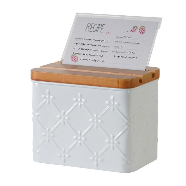 HOME PALETTE Recipe Box with Cards and Dividers Set 4x6 Recipe Holder for Kitchen Counter Metal White Floral Pattern Embossed Recipe Card Box with Wooden Grooved Lid