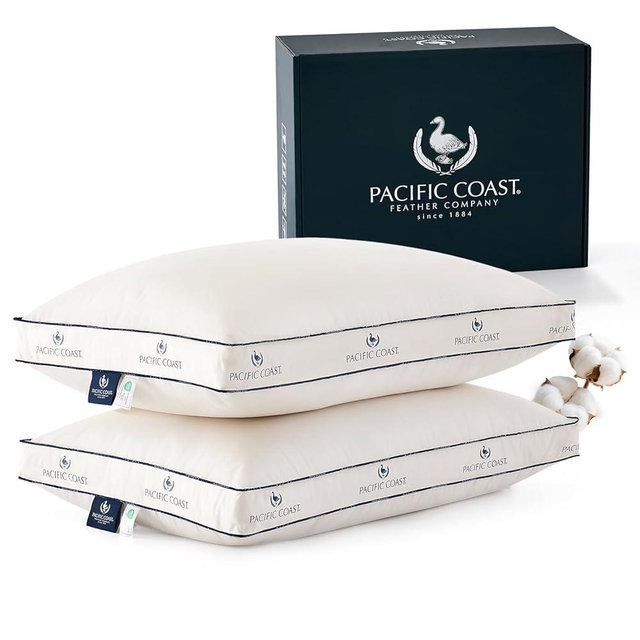 Pacific Coast Goose Feather and Down Pillows, Queen Size Set of 2, Gusseted Pillows, Bed Pillows for Sleeping, Good for Side and Back Sleepers, 100% Organic Cotton Cover