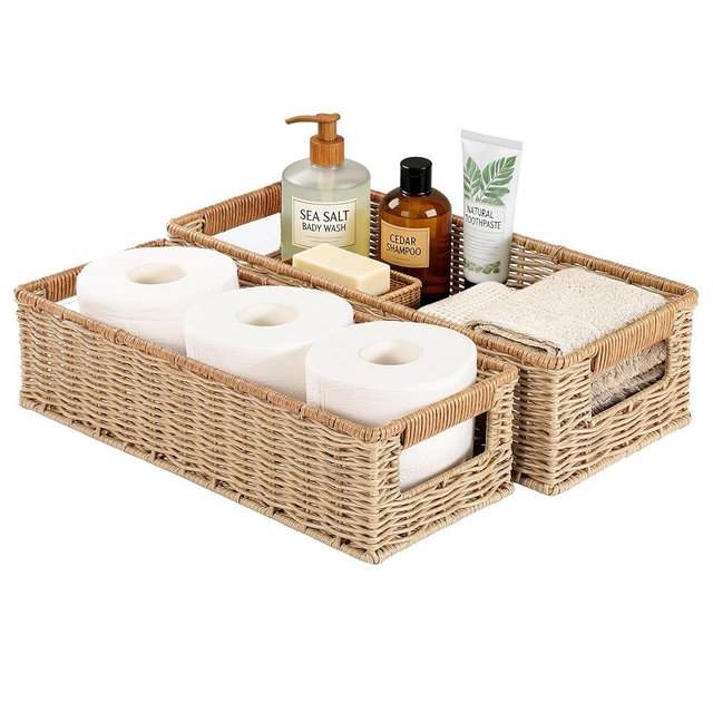 Rectangular Toilet Paper Baskets, 16 ¼"L x 6 ¾"W x 4 ½"H Nesting Plastic Wicker Basket with Built-in Handles, Woven Long Narrow Baskets for Pantry Bathroom Toilet Tank Top Countertop, 2 Pack